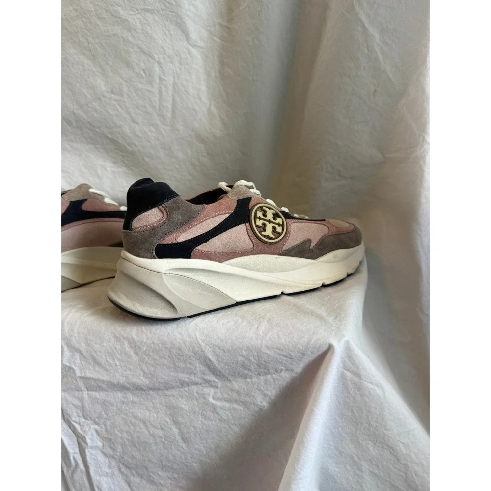 Tory Burch Good Luck Trainer Sneakers Pink Brown Suede Colorblock Logo Shoes